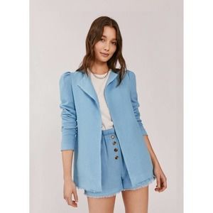Something Navy Blue Open Front Blazer Coat Cotton Linen Blend Raw Hem Seam SizeM